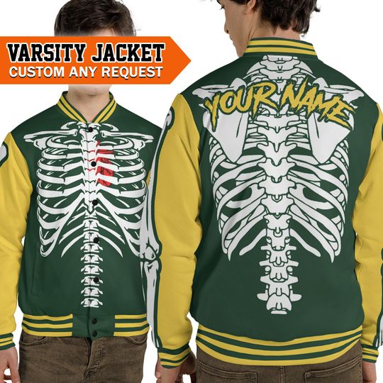 Discover Custom Famous Skeleton Heart Halloween Green and Yellow Varsity I3, Custom Name Jacket, Skeleton Jacket Baseball Team