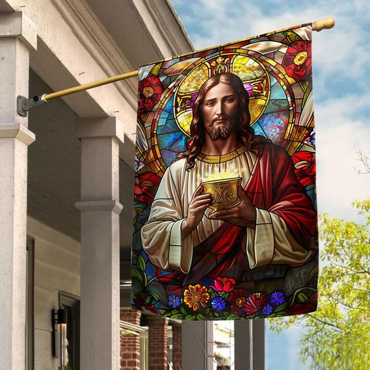 Discover Jesus Christ Christian Stained Glass Art House Flag