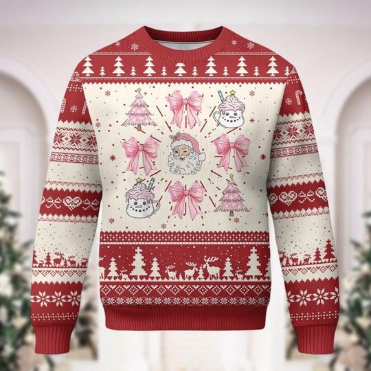 Discover Christmas Pink Coquette Bow Ugly Sweater, Vintage Santa Claus