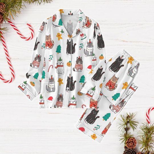 Discover Cat Christmas Pajamas, Black Cat Xmas Pajamas, Cartoon Animal Pajamas