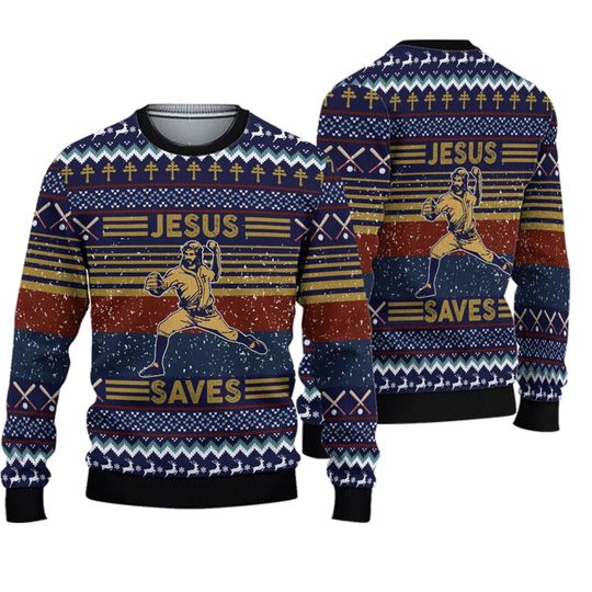 Discover Funny Jesus Saves Baseball Ugly Christmas Sweater, Jesus Sweater