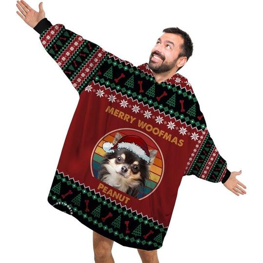 Discover Custom Pet Blanket Hoodie, Merry Woofmas Dog Cat Photo