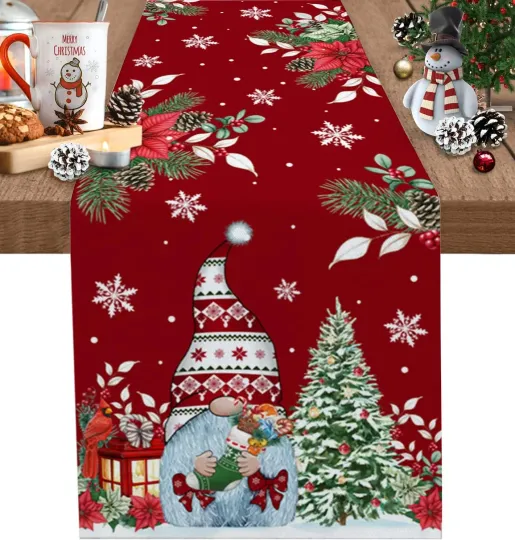 Discover Christmas Red Poinsettia Gnomes Table Runner, Christmas Decorations