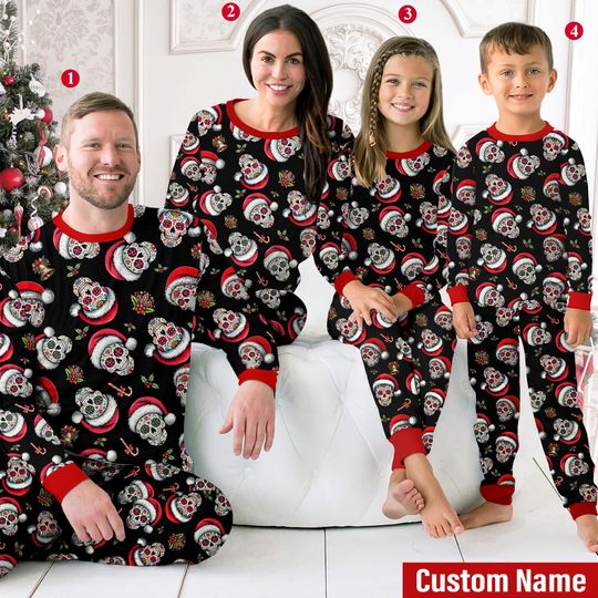 Discover Christmas Black Skull Wearing Santa Hat Family Pajamas Set