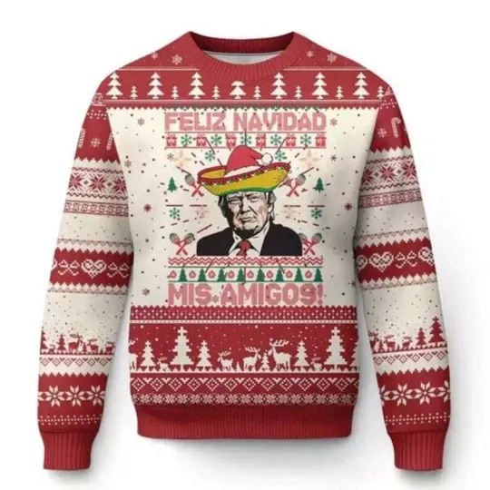 Discover Funny Donald Trump Ugly Christmas Sweater - Feliz Navidad Mis Amigos Holiday Pul