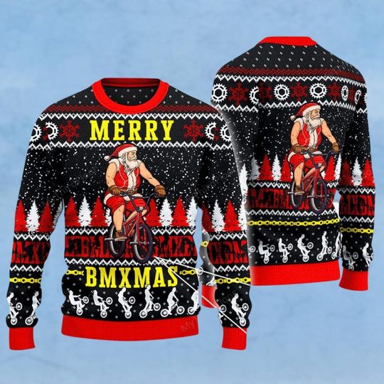 Discover Santa Ugly Christmas Sweater, Santa Riding Bike Sweater, Holiday Christmas