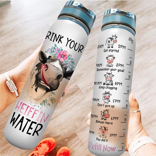 Discover Cow Water Tracker Bottle, Heiffin Water Bottle, Dairy Cow Water Tracker