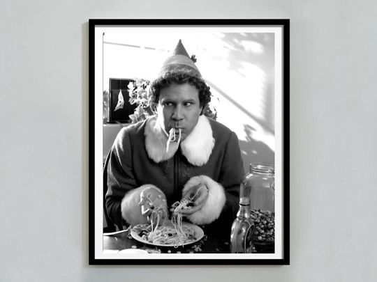 Discover Elf Buddy Eating Spaghetti Poster, Black and White