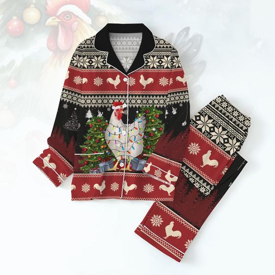 Discover Chickens Christmas Light Pajamas, Rooster Santa Xmas Shirt, Animal Holiday Pajamas, Cute Long Sleeve Pajamas