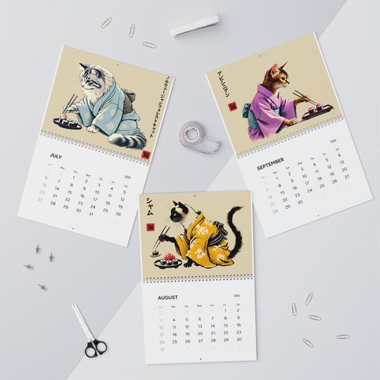 Discover Cats in Kimonos Eating Sushi Calendar 2025 - Japan Cat Sumi-e Art, Ukiyo-e Inspired, Vibrant Monthly Wall Decor