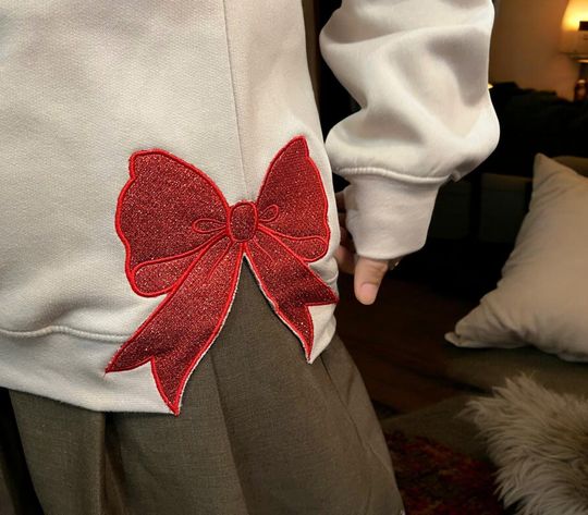 Discover Embroidered  Glitter Red Side Bow Appliqu Sweatshirt Christmas Embroidery , Embroidered Bow Sweatshirt
