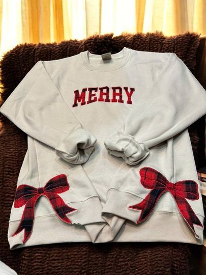 Discover Embroidered  Fannel Red Side Bow Appliqu Merry Sweatshirt Christmas, Embroidered Bow Sweatshirt