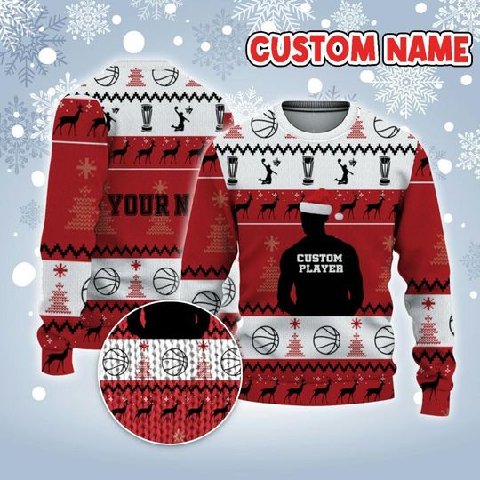 Discover Customized Player Basketball Ugly Christmas Sweater Red, Black And White