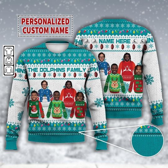 Discover Custom Name Miami Football Christmas Ugly Sweater, Dolphins Family Shirt