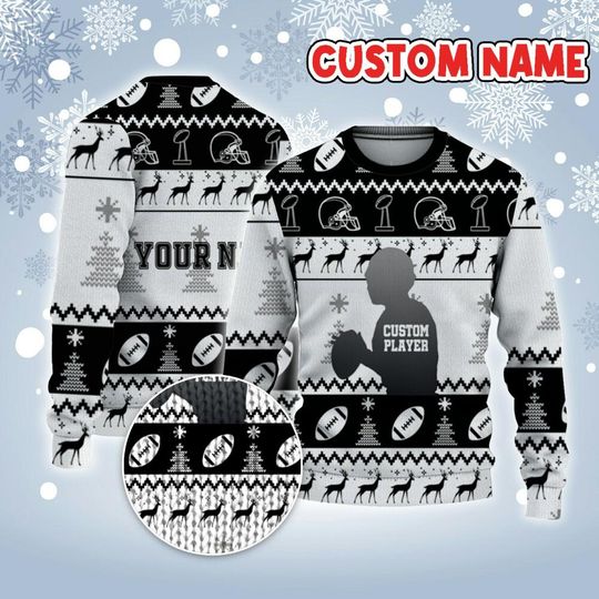 Discover Customized Player American Football Ugly Christmas Sweater Black And White