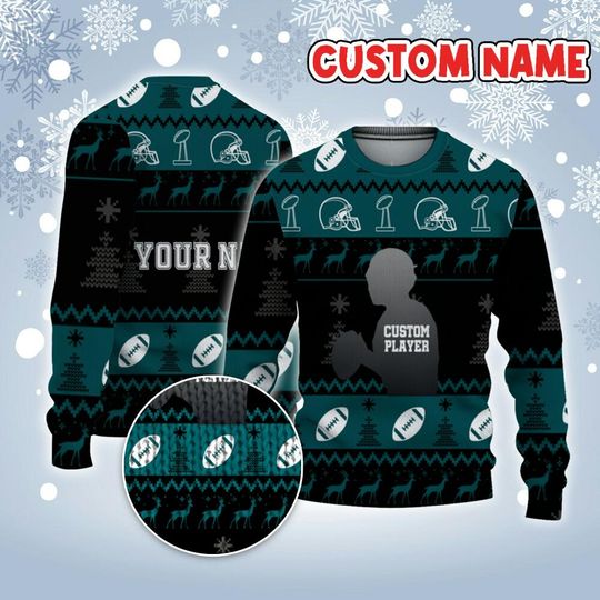 Discover Customized Player American Football Ugly Christmas Sweater Black And Green