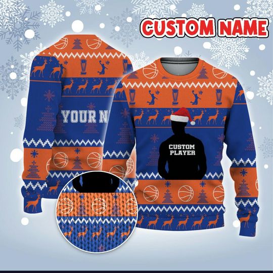 Discover Customized Player Basketball Ugly Christmas Sweater Blue And Orange New York