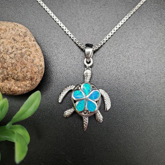 Discover Big Blue Opal Inlay Sea Turtle Necklace Pendant With Silver Chain | Hawaiian Sea Turtle Pendant