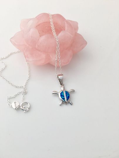 Discover Blue opal TURTLE sterling silver charm with necklace chain, longevity and strength symbol jewelry