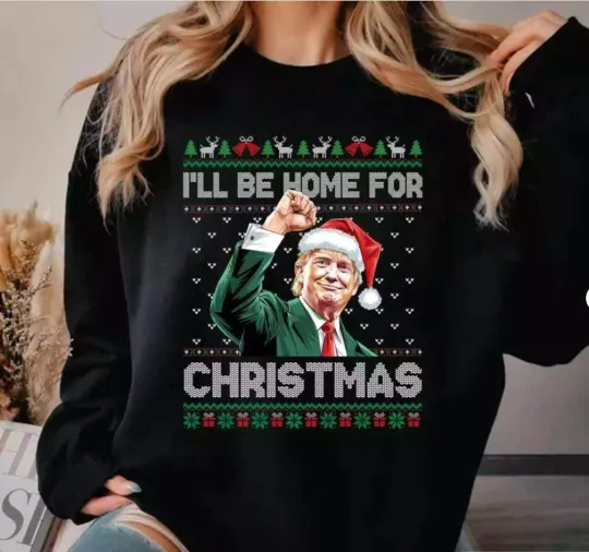 Discover I'll Be Home For Christmas Funny Trump Fist Pump 2024 Ugly Xmas Sweatshirt
