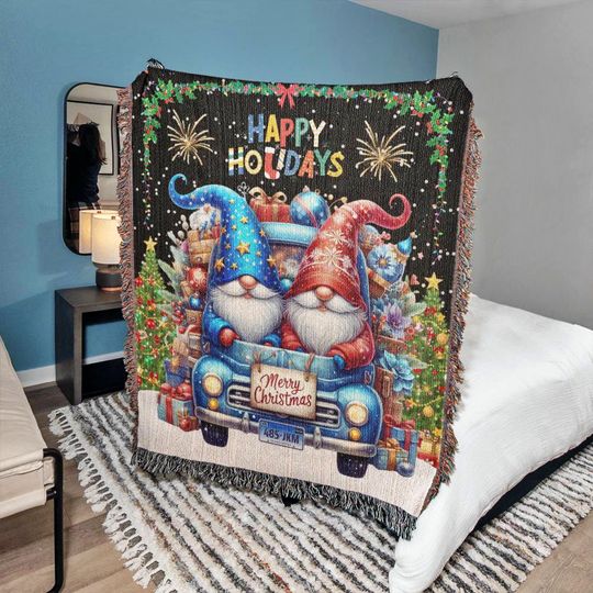 Discover Christmas Throw Blanket with Gnomes, Woven Christmas Blanket, Cozy Holiday Decor