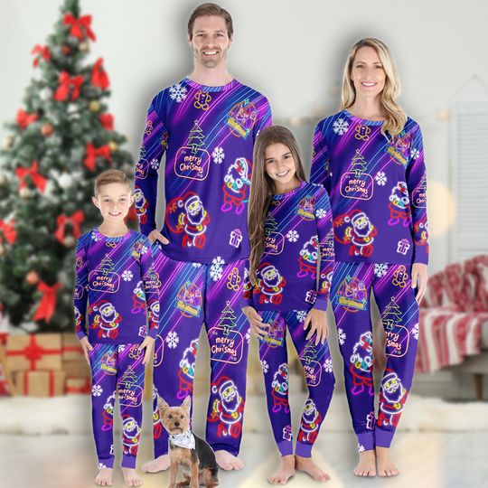 Discover Santa Neon Light Christmas Pajamas Set, Santa Claus Button Up Shirt