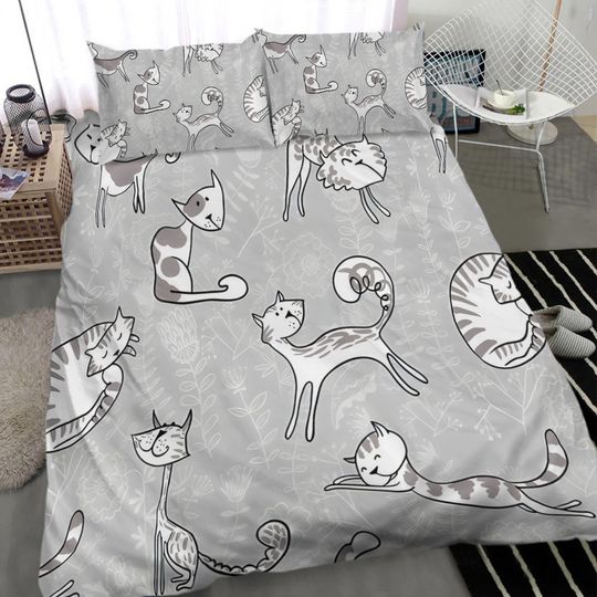 Discover Cute Cats Floral Printed Grey Fitted Sheet Deep Pocket, Aesthetic Bedding Set Full