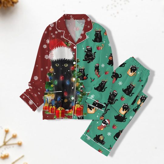 Discover Meowy Christmas Pajamas, Happy Cat Year Shirt, Christmas Black Cat Pajamas