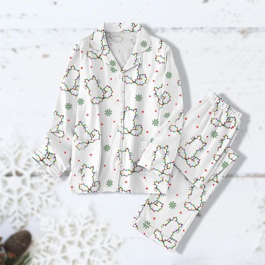 Discover Cat Christmas Lights Pajamas Shirt, Meowy Christmas Pjs Set, Womans Holiday