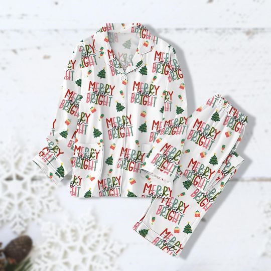 Discover Merry and Bright Pajamas Shirt, Womans Holiday Pajamas, Long Sleeve