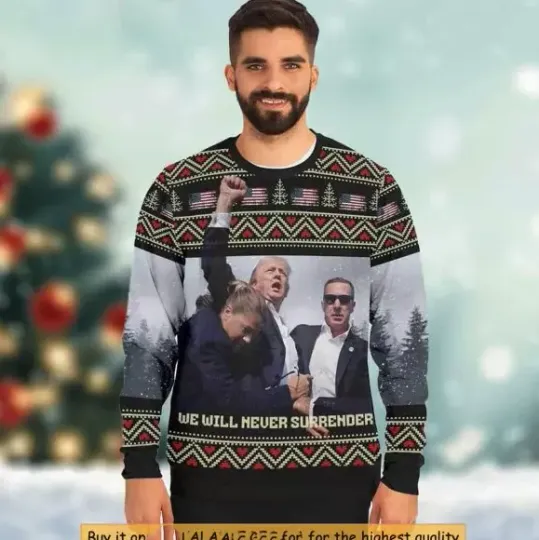 Discover Trump Ugly Christmas Sweater, We Will Never Surrender Holiday Apparel S-5XL