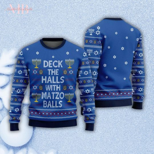 Discover Hanukkah Christmas Ugly Sweater, Deck The Hall With Matzo Balls Sweater