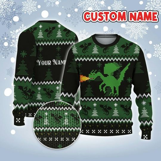 Discover Custom Christmas Funny Green Dragon Ugly Sweater