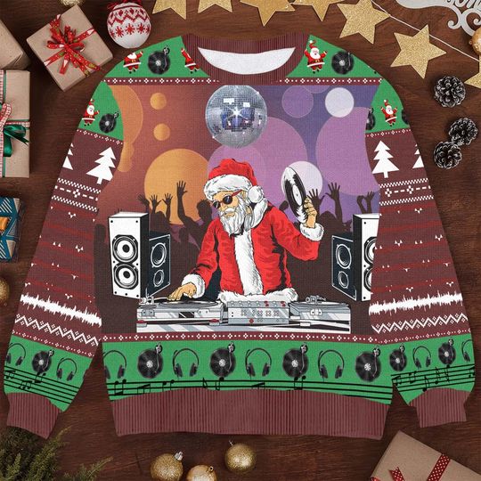 Discover DJ Santa Christmas Ugly Sweater, Funny Santa DJ Xmas Sweater