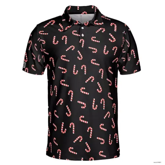 Discover Black golf polo shirt with candy canes Christmas Gifts For Golfers 3D