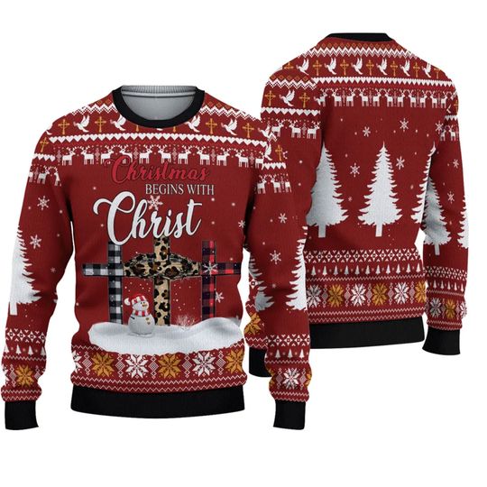 Discover Christmas Begin With Christian Ugly Christmas Sweater Lightweight Jesus Gift