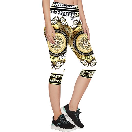 Discover Ornate Baroque White Gold Black Greek Key Border Leggings