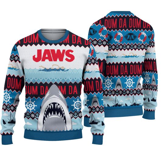 Discover Jaws Da Dum Shark Ugly Christmas Sweater, Jaws Ugly Christmas Vintage 3D Sweater