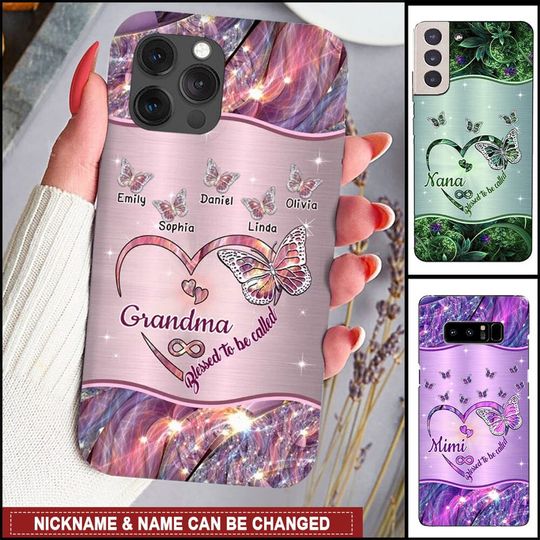 Discover Sparkling Grandma- Mom Heart Butterfly Kids Personalized Glass Phone Case