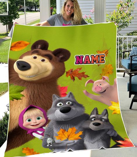 Discover Personalized Marsha and the Bear Theme Birthday Family Blanket, Custom Blanket