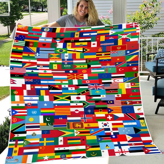 Discover World Flags Fleece Blanket, Flags of the World Blanket, Travel Blanket Wanderlus