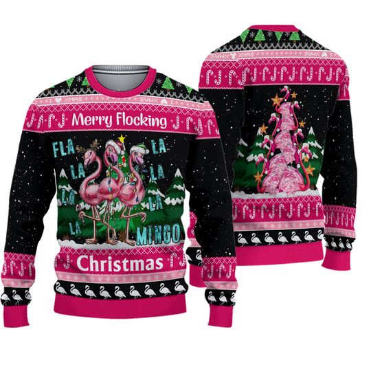 Discover Pink Flamingo Merry Flocking Ugly Sweater, Funny Flamingo Christmas Sweatshirt