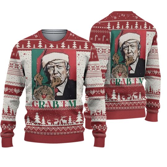 Discover Donald Trump Ugly Christmas Sweater - Funny Grab Em Holiday Sweater with Santa Hat