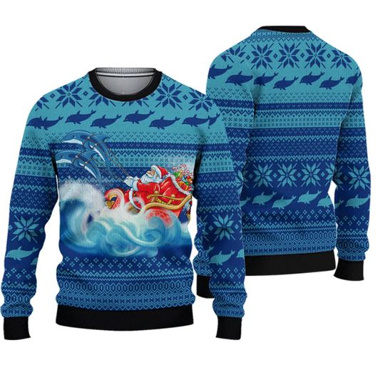 Discover Dolphin Riding The Waves With Santa Ugly Christmas Sweater