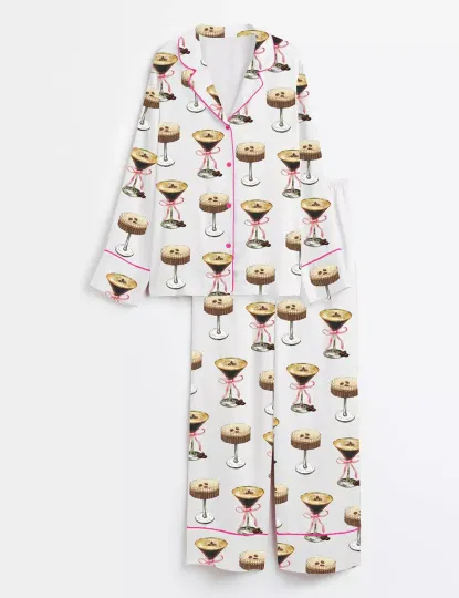 Discover Espresso Martini Pink Bow Long Sleeve Pajama,  America Sleep Pajama Set Women's