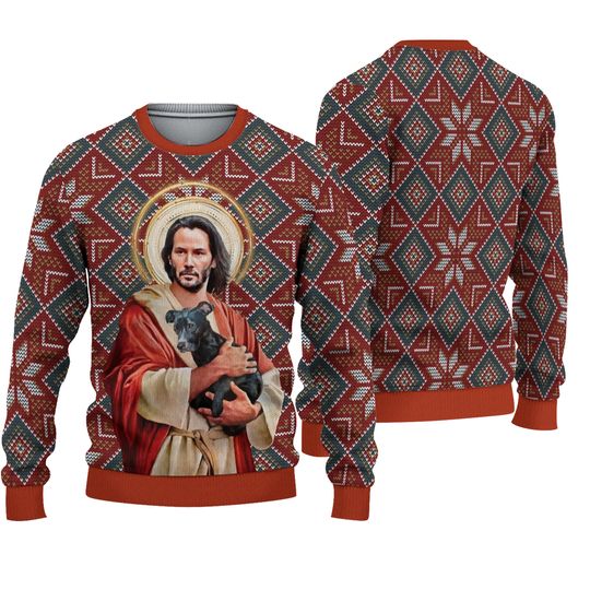 Discover Bg Jesus Keanu Reeves With Dog Ugly Christmas Sweater, Ugly Christmas Sweater