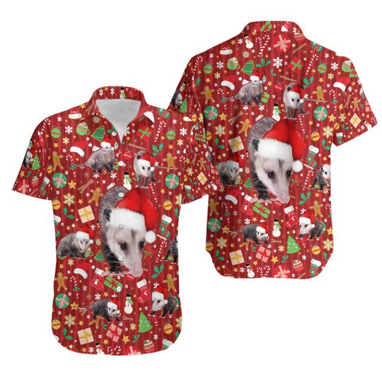 Discover Funny Santa Opossum Hawaiian Shirt, Red Possum Christmas Shirts, Xmas Opossum Lover Button Up Shirt, Funny Animal Holiday Shirt