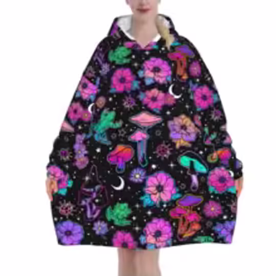 Discover Trippy Magical Mushrooms And Frogs Wearable Blanket Hoodie