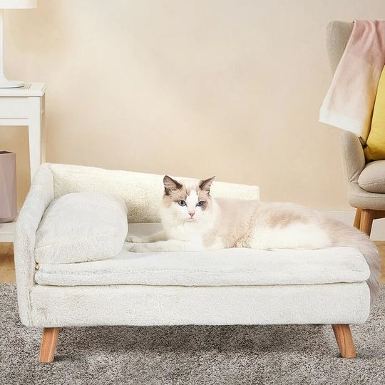 Discover Elevated Pet Bed Solid Wood Leg Dog Cat Sofa for Indoor  L Shape Plush Couch Lounge with Soft Cushion
