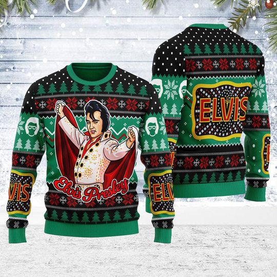 Discover Elvis Presley "Belt buckle" Sign with Rhinestone Christmas Ugly Sweater